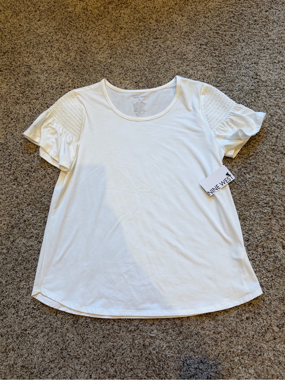 Nine West Cream Short Sleeve Smocked Ruffle Tee in White